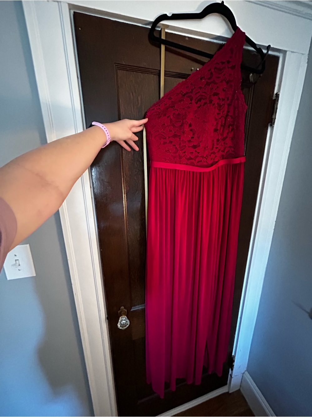One-Shoulder Red Lace Bridesmaid Dress